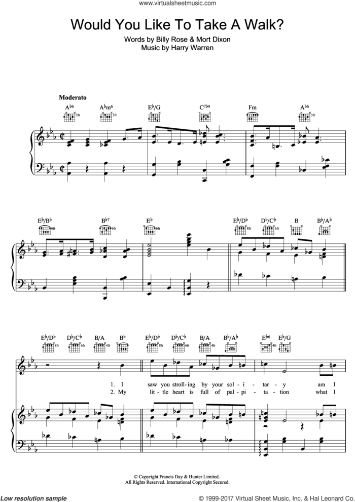 Would You Like To Take A Walk? sheet music for voice, piano or guitar by Harry Warren, Billy Rose and Mort Dixon, intermediate skill level
