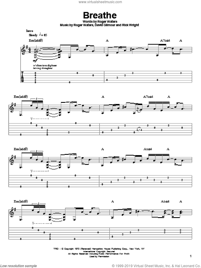 Breathe sheet music for guitar (tablature, play-along) by Pink Floyd, David Gilmour, Richard Wright and Roger Waters, intermediate skill level