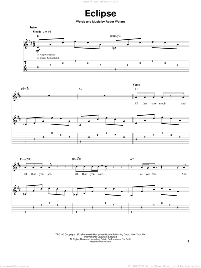 Eclipse sheet music for guitar (tablature, play-along) by Pink Floyd and Roger Waters, intermediate skill level