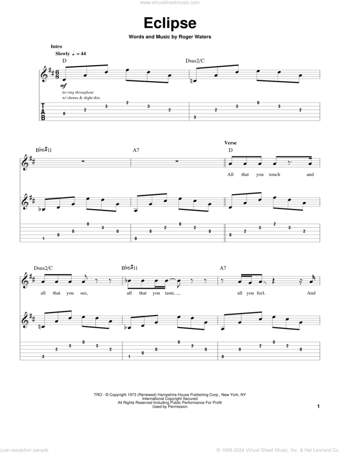 Eclipse sheet music for guitar (tablature, play-along) by Pink Floyd and Roger Waters, intermediate skill level