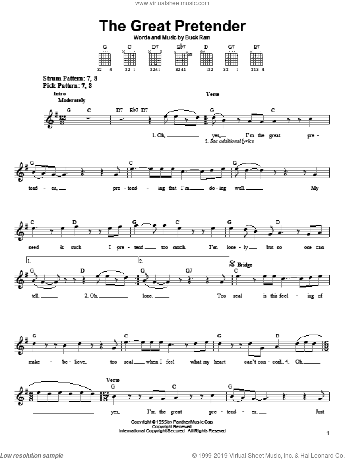 The Great Pretender sheet music for guitar solo (chords) by The Platters and Buck Ram, easy guitar (chords)