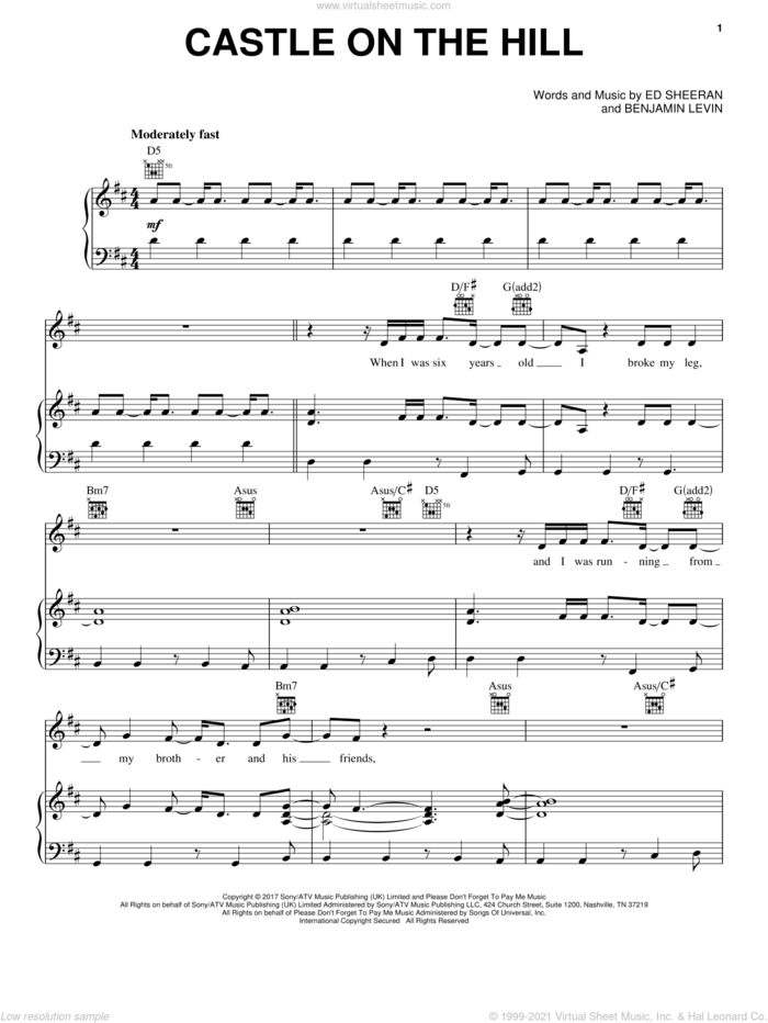Castle On The Hill sheet music for voice, piano or guitar by Ed Sheeran and Benjamin Levin, intermediate skill level