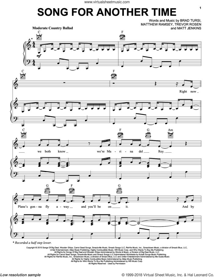 Song For Another Time sheet music for voice, piano or guitar by Old Dominion, Brad Tursi, Matt Jenkins, Matthew Ramsey and Trevor Rosen, intermediate skill level