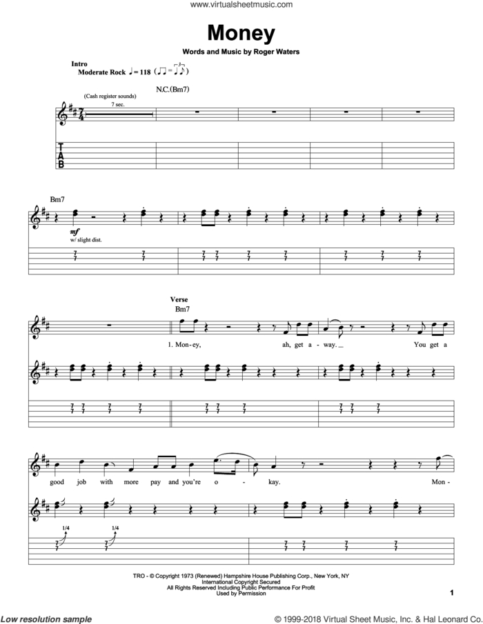 Money sheet music for guitar (tablature, play-along) by Pink Floyd and Roger Waters, intermediate skill level