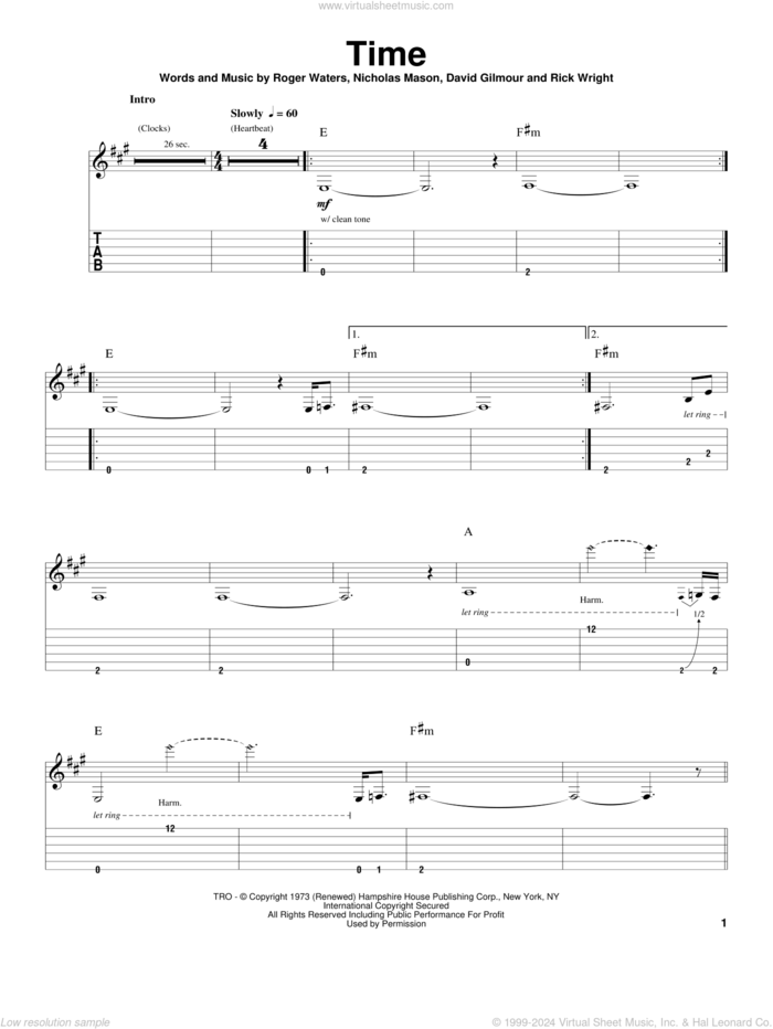 Time sheet music for guitar (tablature, play-along) by Pink Floyd, David Gilmour, Nicholas Mason, Richard Wright and Roger Waters, intermediate skill level