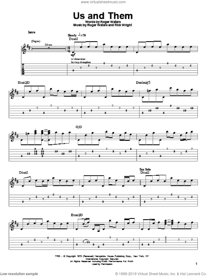 Us And Them sheet music for guitar (tablature, play-along) by Pink Floyd, Richard Wright and Roger Waters, intermediate skill level