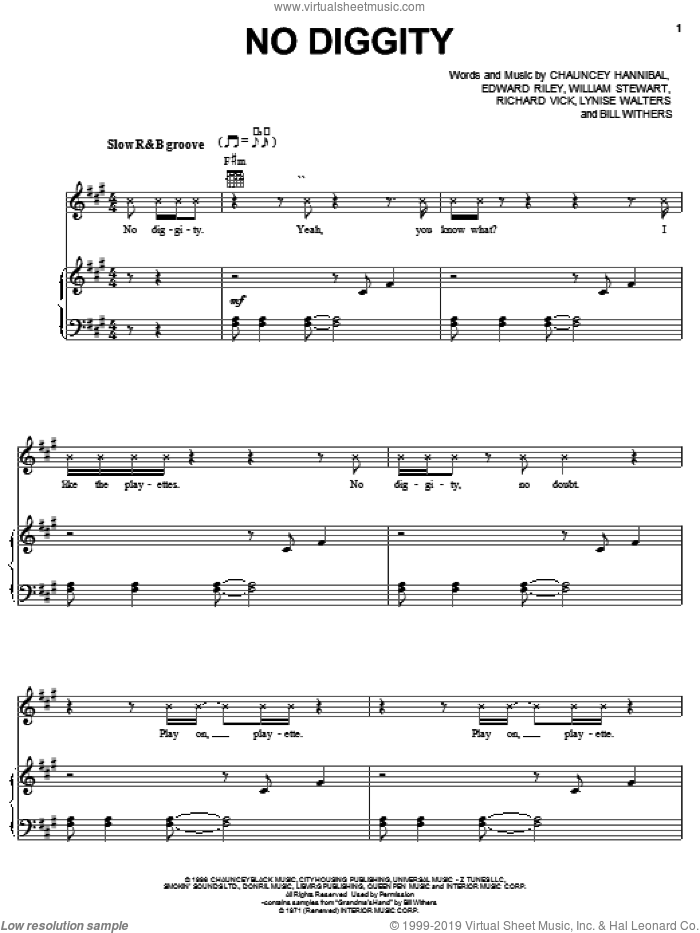 No Diggity sheet music for voice, piano or guitar by Blackstreet, Bill Withers, Chauncey Hannibal, Edward Riley, Lynise Walters, Richard Vick and William Stewart, intermediate skill level