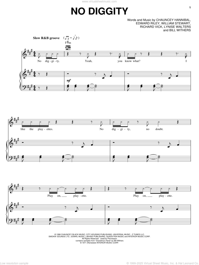 No Diggity sheet music for voice, piano or guitar by Blackstreet, Bill Withers, Chauncey Hannibal, Edward Riley, Lynise Walters, Richard Vick and William Stewart, intermediate skill level