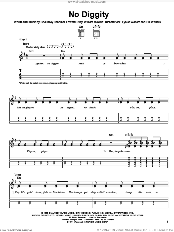 No Diggity sheet music for guitar solo (easy tablature) by Blackstreet, Bill Withers, Chauncey Hannibal, Edward Riley, Lynise Walters, Richard Vick and William Stewart, easy guitar (easy tablature)