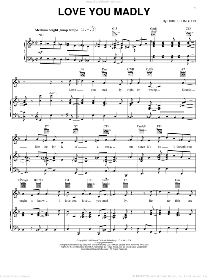 Love You Madly sheet music for voice, piano or guitar by Duke Ellington, intermediate skill level