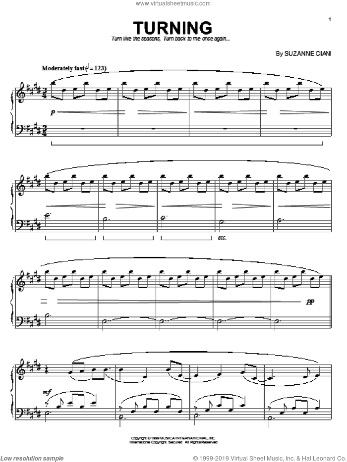Turning sheet music for piano solo by Suzanne Ciani, intermediate skill level