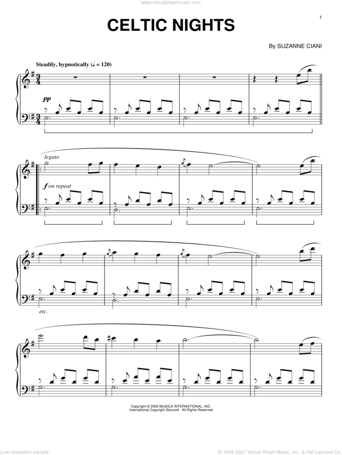 Celtic Nights sheet music for piano solo by Suzanne Ciani, intermediate skill level