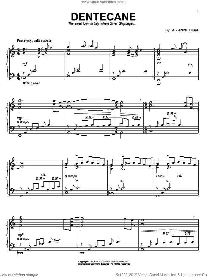 Dentecane sheet music for piano solo by Suzanne Ciani, intermediate skill level