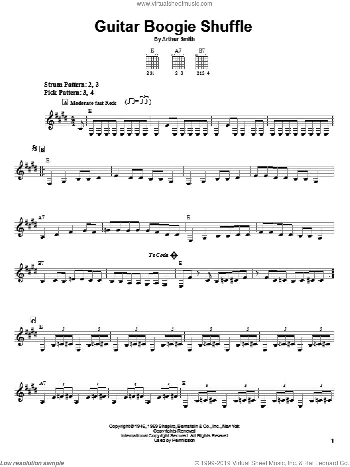 Guitar Boogie Shuffle sheet music for guitar solo (chords) by The Virtues and Arthur Smith, easy guitar (chords)