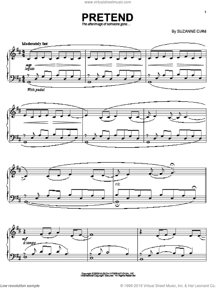 Pretend sheet music for piano solo by Suzanne Ciani, intermediate skill level