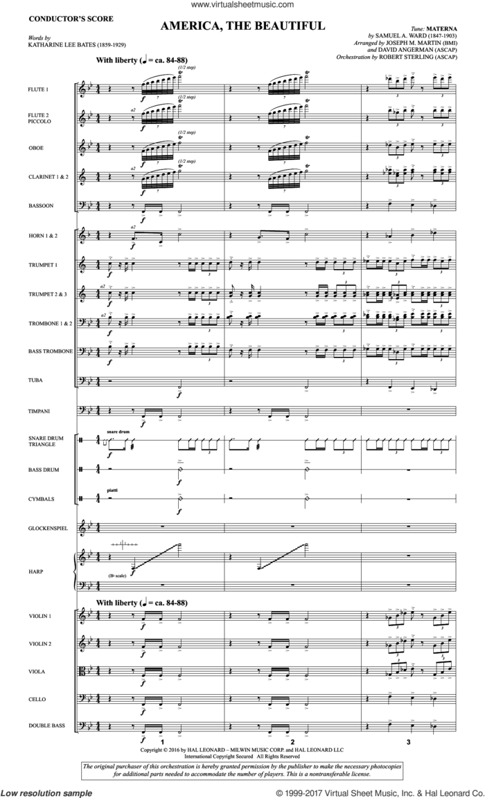 America, the Beautiful (COMPLETE) sheet music for orchestra/band by Joseph M. Martin, David Angerman, Katherine Lee Bates and Samuel Augustus Ward, intermediate skill level