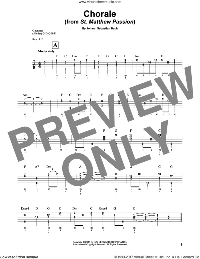 Chorale sheet music for banjo solo by Johann Sebastian Bach and Mark Phillips, classical score, intermediate skill level