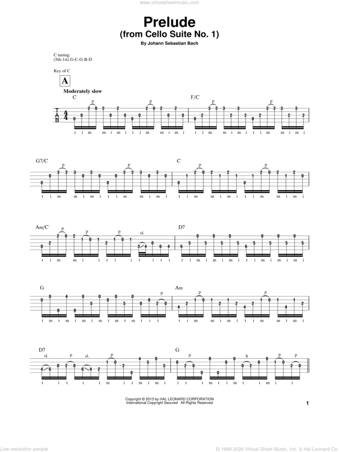 Prelude (Cello Suite No. 1) sheet music for banjo solo by Johann Sebastian Bach and Mark Phillips, classical score, intermediate skill level