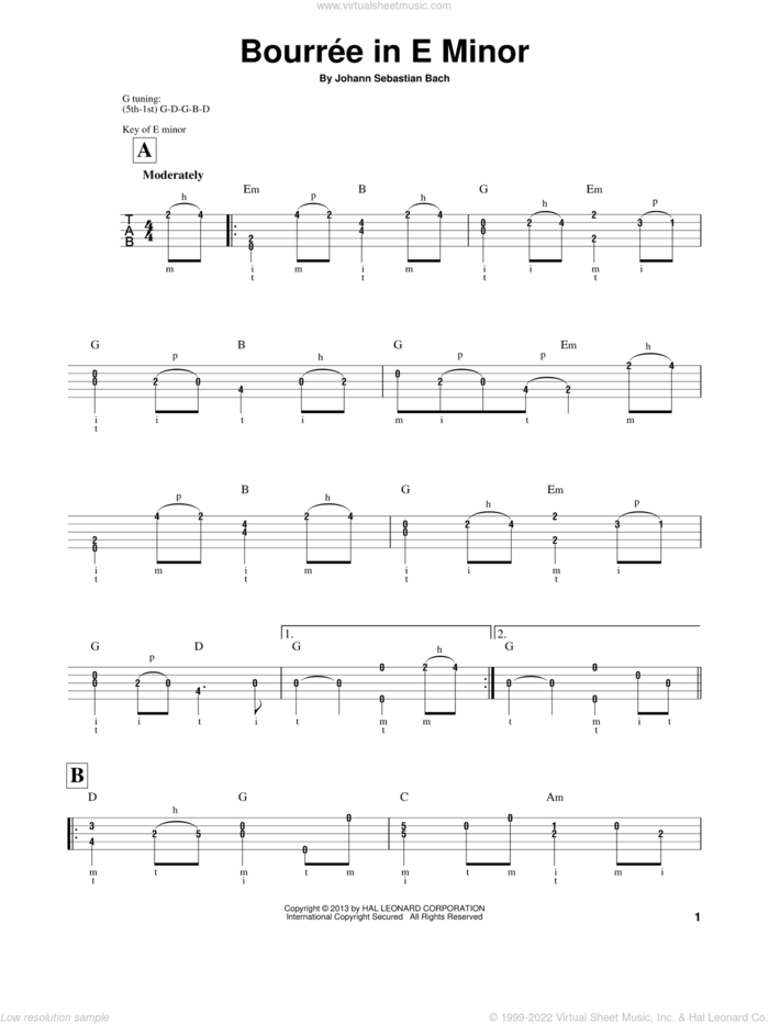 Bourree (arr. Mark Phillips) sheet music for banjo solo by Johann Sebastian Bach and Mark Phillips, classical score, intermediate skill level