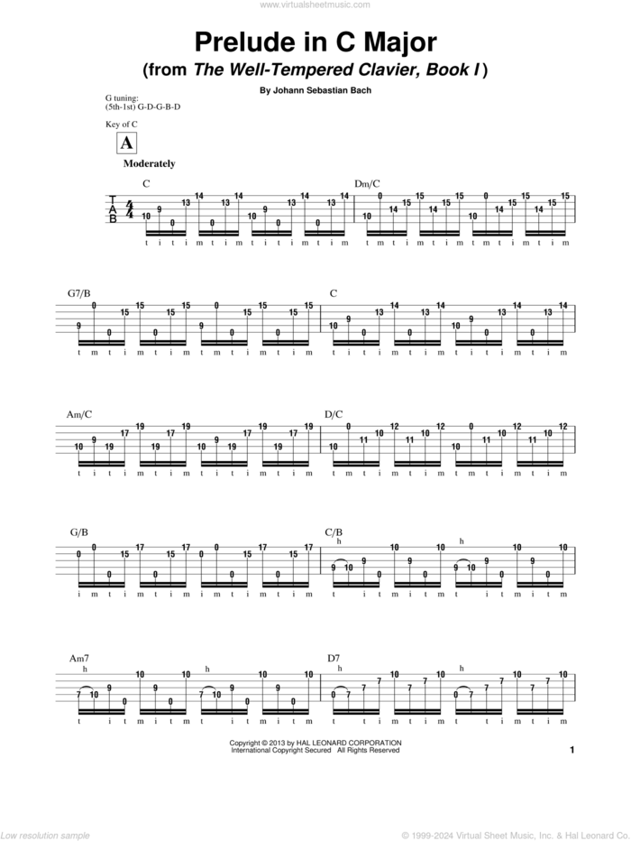 Prelude in C Major sheet music for banjo solo by Johann Sebastian Bach and Mark Phillips, classical score, intermediate skill level