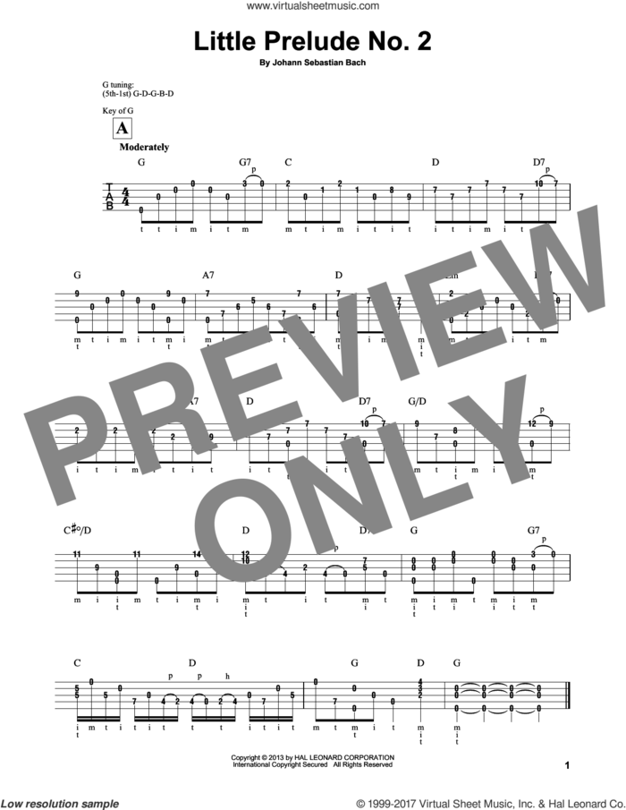 Little Prelude No. 2 in C Major sheet music for banjo solo by Johann Sebastian Bach and Mark Phillips, classical score, intermediate skill level