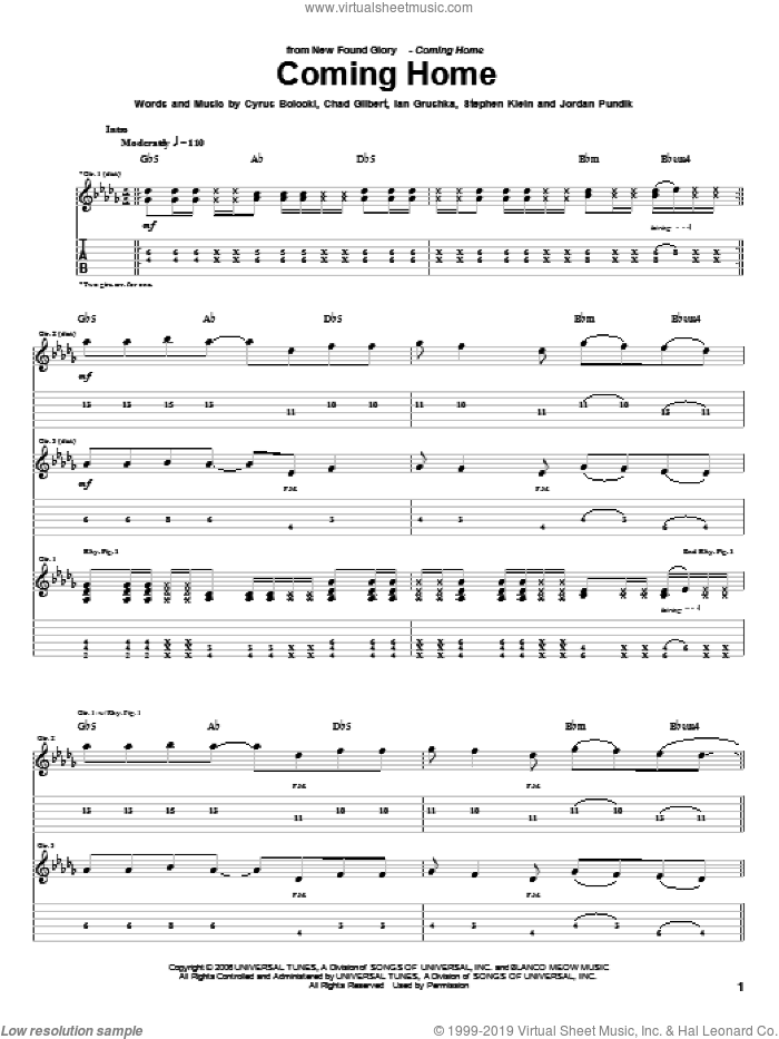 Coming Home sheet music for guitar (tablature) by New Found Glory, Chad Gilbert, Cyrus Bolooki, Ian Grushka, Jordan Pundik and Steve Klein, intermediate skill level