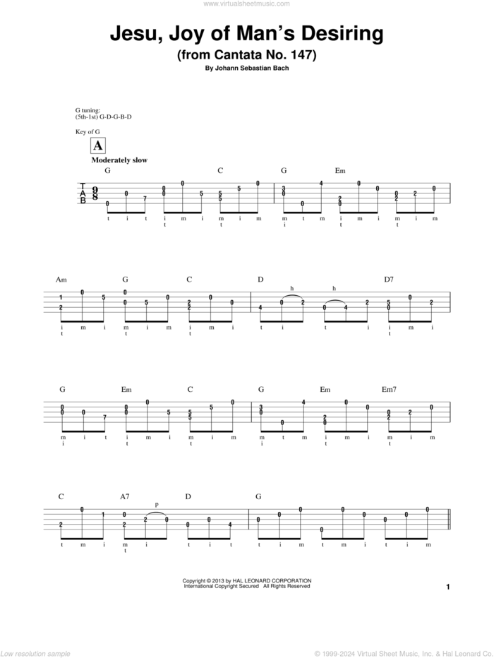 Jesu, Joy Of Man's Desiring sheet music for banjo solo by Johann Sebastian Bach and Mark Phillips, classical wedding score, intermediate skill level