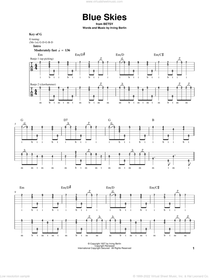 Blue Skies sheet music for banjo solo by Pete Seeger, Michael Miles, Mike Kropp, Willie Nelson and Irving Berlin, intermediate skill level