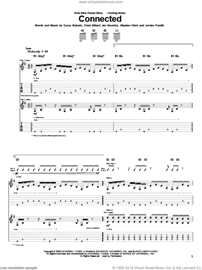 Connected sheet music for guitar (tablature) by New Found Glory, Chad Gilbert, Cyrus Bolooki, Ian Grushka, Jordan Pundik and Steve Klein, intermediate skill level