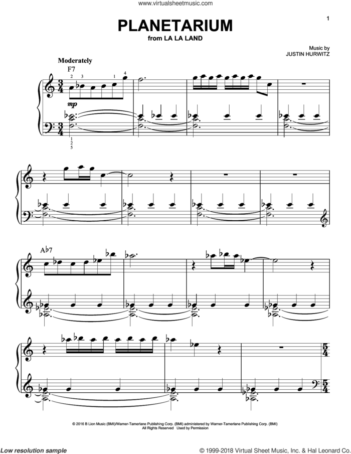 Planetarium sheet music for piano solo by Justin Hurwitz, Benj Pasek and Justin Paul, easy skill level