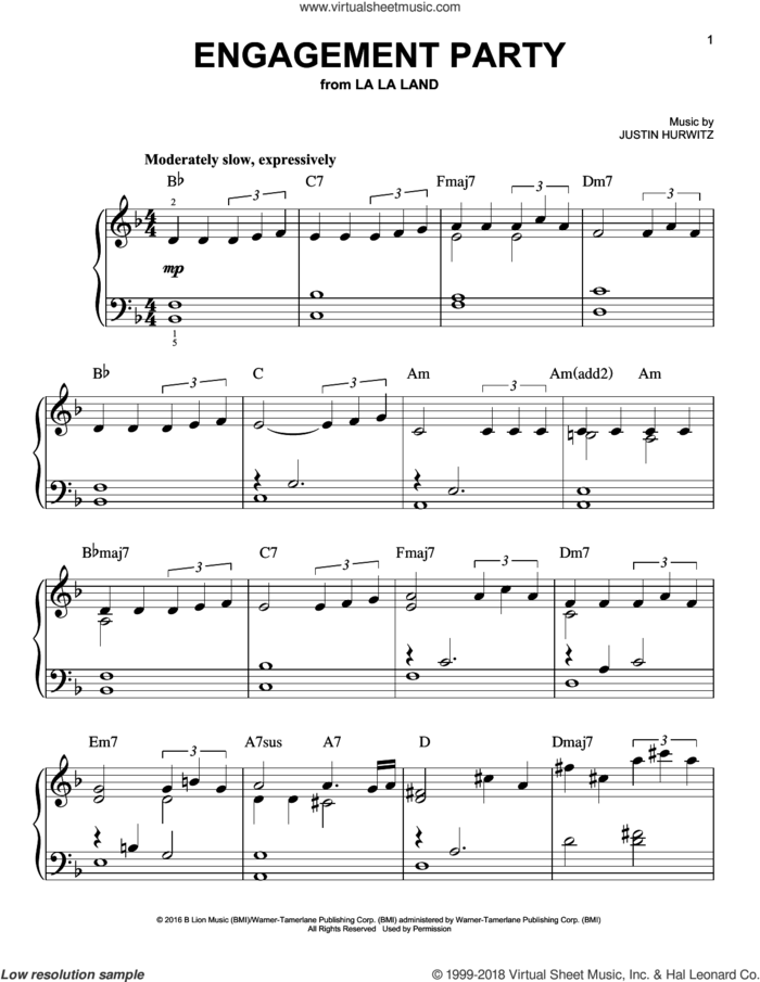 Engagement Party sheet music for piano solo by Justin Hurwitz, easy skill level
