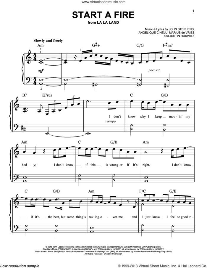 Start A Fire sheet music for piano solo by John Legend, Angelique Cinelu, John Stephens, Justin Hurwitz and Marius De Vries, easy skill level