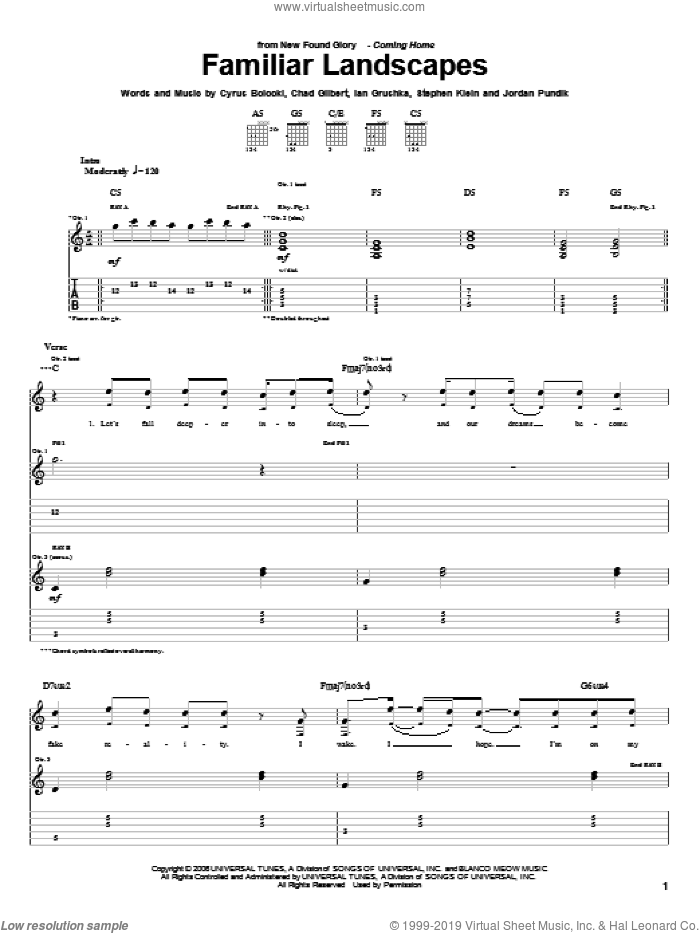 Familiar Landscapes sheet music for guitar (tablature) by New Found Glory, Chad Gilbert, Cyrus Bolooki, Ian Grushka, Jordan Pundik and Steve Klein, intermediate skill level