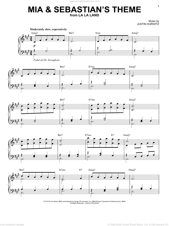 Mia And Sebastian's Theme (from La La Land) sheet music for piano solo by Justin Hurwitz, intermediate skill level