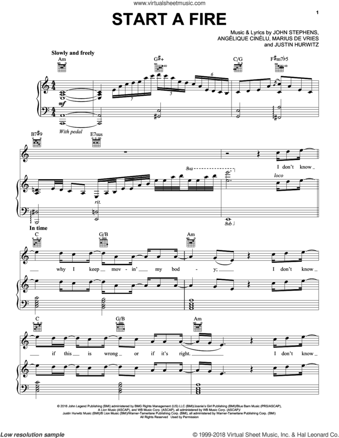 Start A Fire sheet music for voice, piano or guitar by John Legend, Angelique Cinelu, John Stephens, Justin Hurwitz and Marius De Vries, intermediate skill level