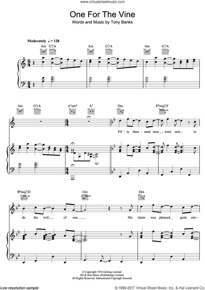 One For The Vine sheet music for voice, piano or guitar by Genesis and Anthony Banks, intermediate skill level