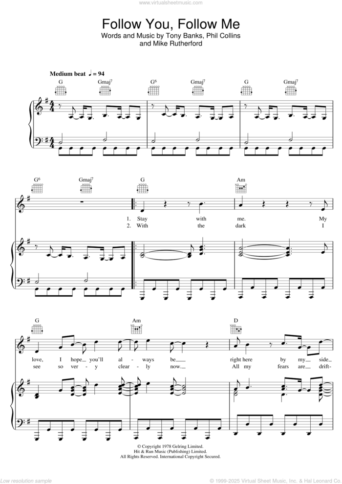 Follow You, Follow Me sheet music for voice, piano or guitar by Genesis, Mike Rutherford, Phil Collins and Tony Banks, intermediate skill level