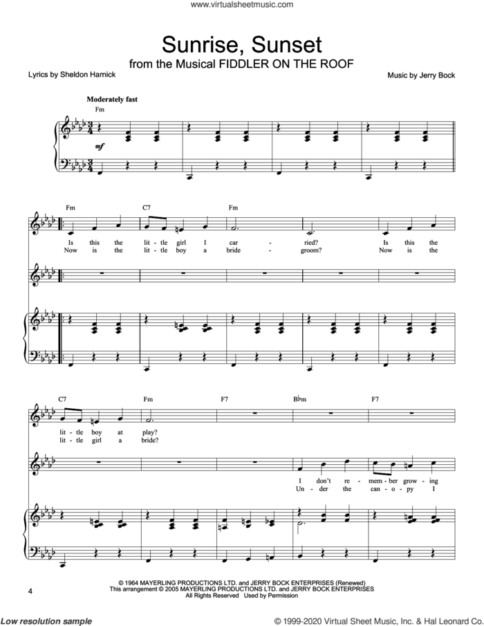Sunrise, Sunset (from Fiddler On The Roof) sheet music for two voices and piano by Sheldon Harnick, Donald Sosin and Jerry Bock, wedding score, intermediate skill level