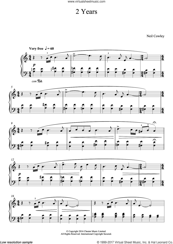 2 Years sheet music for piano solo by Neil Cowley, classical score, easy skill level