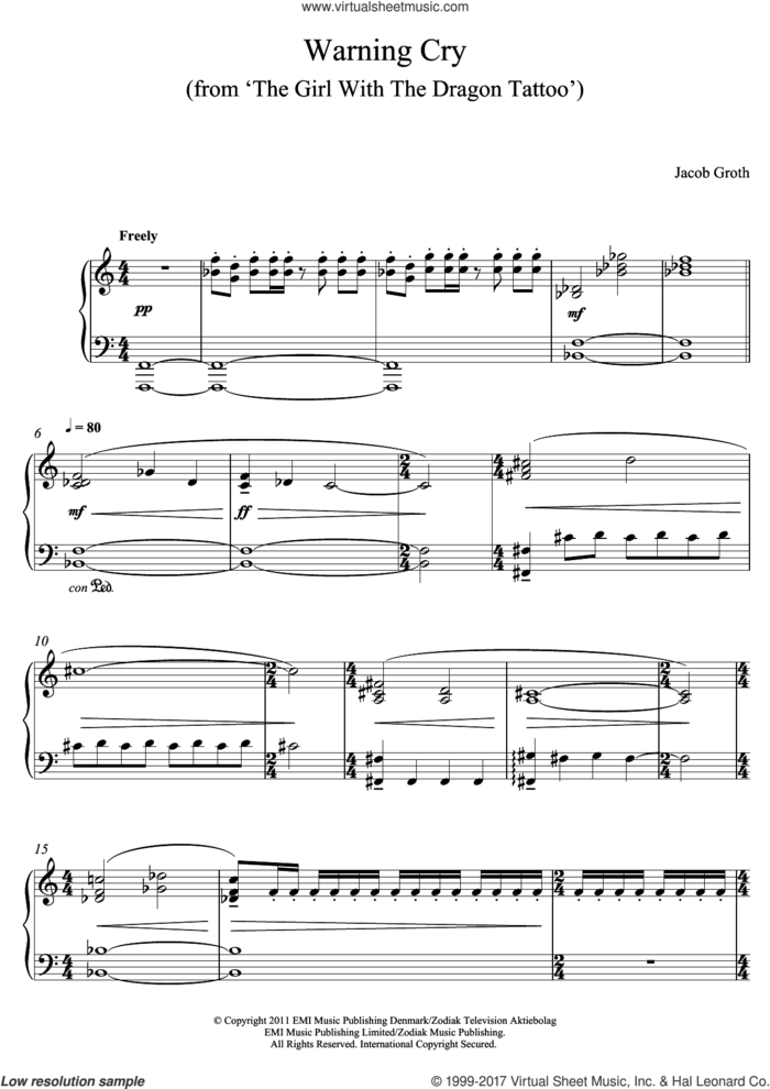 Warning Cry (From 'The Girl With A Dragon Tattoo') sheet music for piano solo by Jacob Groth, intermediate skill level