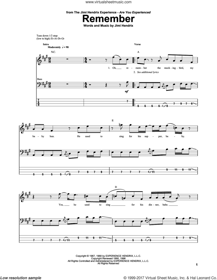 Remember sheet music for bass (tablature) (bass guitar) by Jimi Hendrix, intermediate skill level