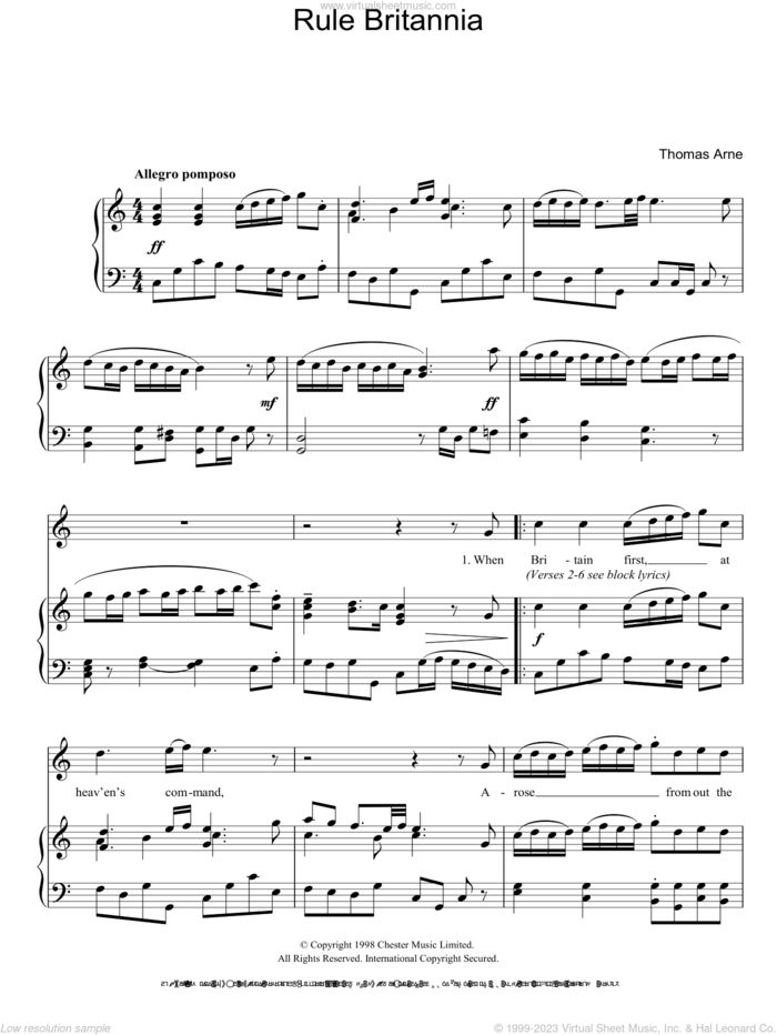 Rule Britannia sheet music for voice, piano or guitar by Thomas Arne, intermediate skill level