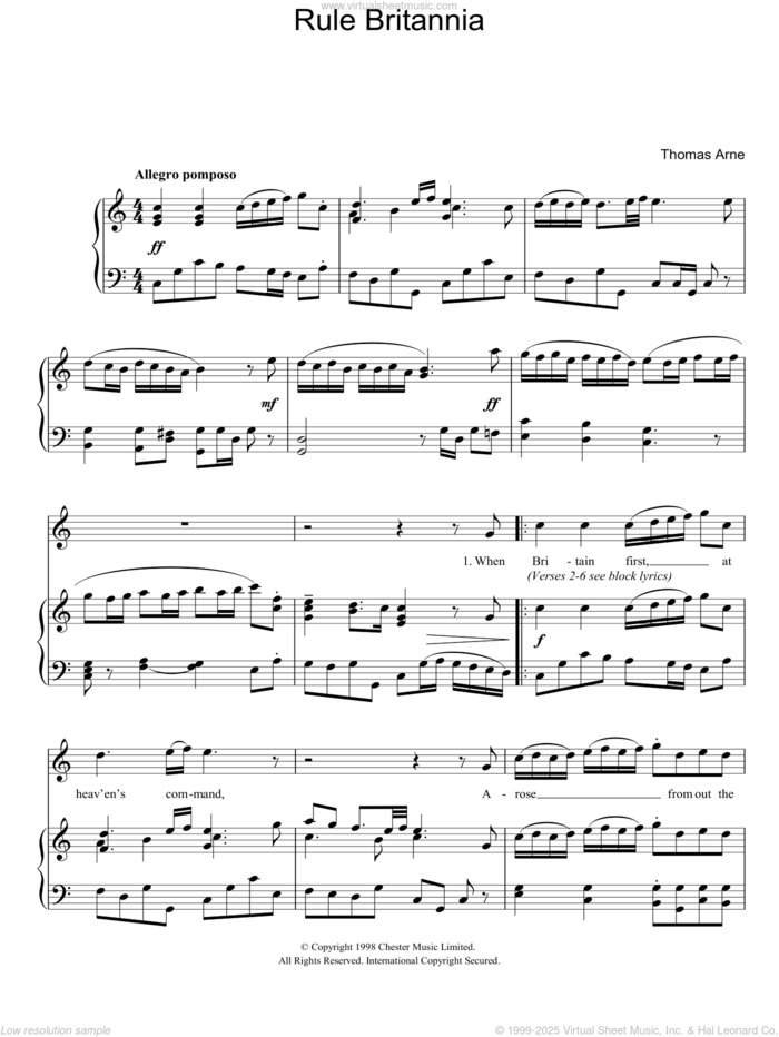 Rule Britannia sheet music for voice, piano or guitar by Thomas Arne, intermediate skill level