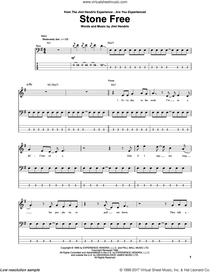 Stone Free sheet music for bass (tablature) (bass guitar) by Jimi Hendrix, intermediate skill level