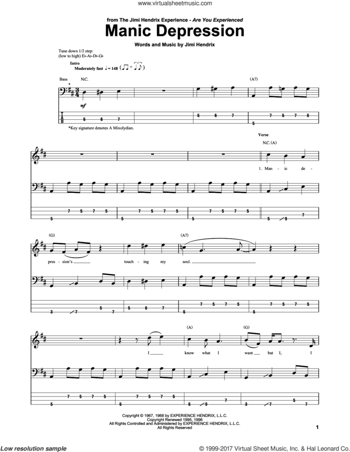 Manic Depression sheet music for bass (tablature) (bass guitar) by Jimi Hendrix, intermediate skill level