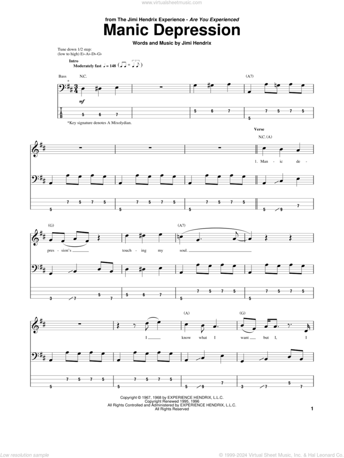 Manic Depression sheet music for bass (tablature) (bass guitar) by Jimi Hendrix, intermediate skill level