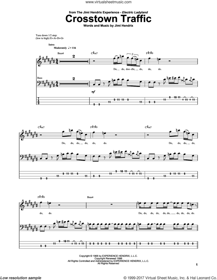 Crosstown Traffic sheet music for bass (tablature) (bass guitar) by Jimi Hendrix, intermediate skill level