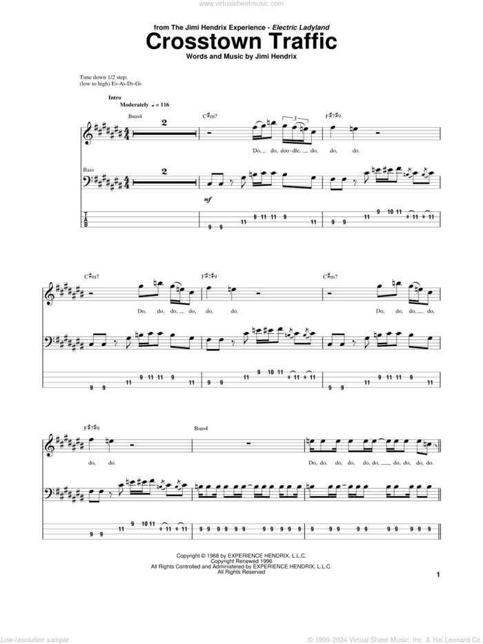 Crosstown Traffic sheet music for bass (tablature) (bass guitar) by Jimi Hendrix, intermediate skill level