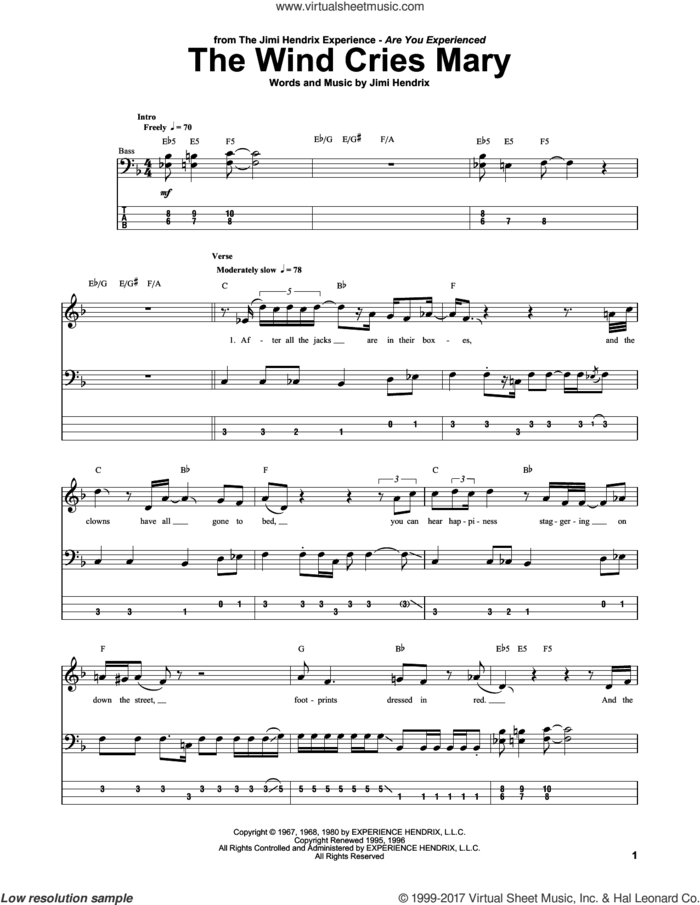 The Wind Cries Mary sheet music for bass (tablature) (bass guitar) by Jimi Hendrix, intermediate skill level