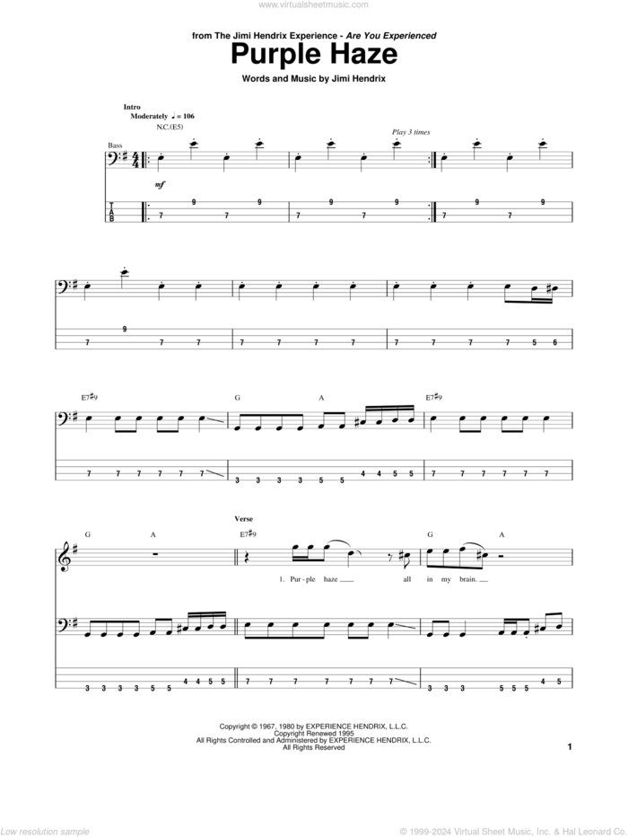 Purple Haze sheet music for bass (tablature) (bass guitar) by Jimi Hendrix, intermediate skill level